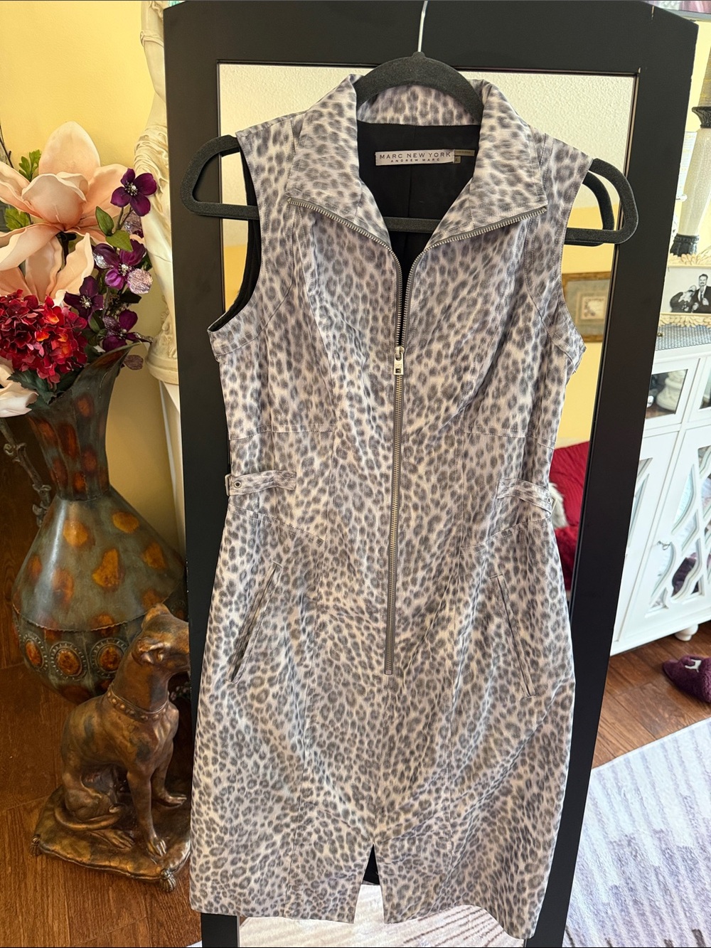 Marc New York Sleeveless Leopard-Print Zip Dress in Gray and Black